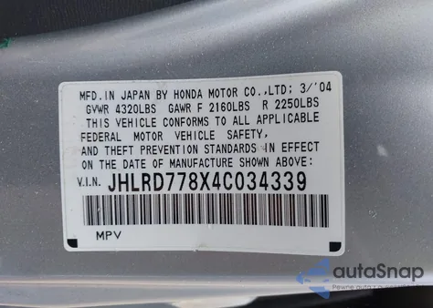 2004 Honda Cr-V Ex z USA, uszkodzony, nr VIN JHLRD778X4C034339